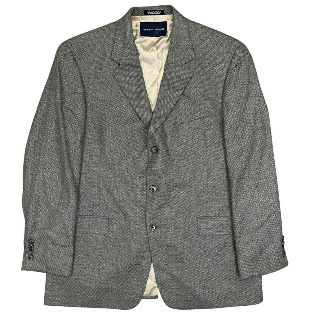 Vintage Tommy Hilfiger Men’s Gray Textured Weave Blazer Jacket 44R Made in USA